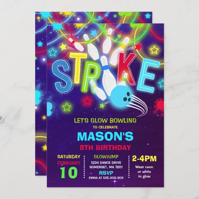 Bowling Invitation Glow Neon Bowling Birthday (Front/Back)