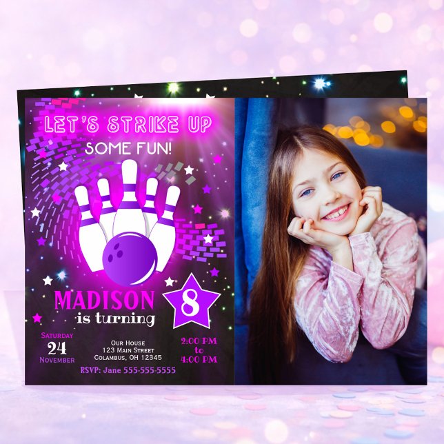 Bowling Invitation Glow Neon Girl Photo Birthday (Creator Uploaded)