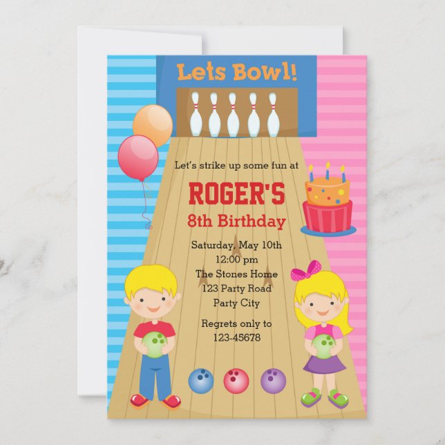 Bowling Invitations (Boy Girl Twins Blonde) (Front)