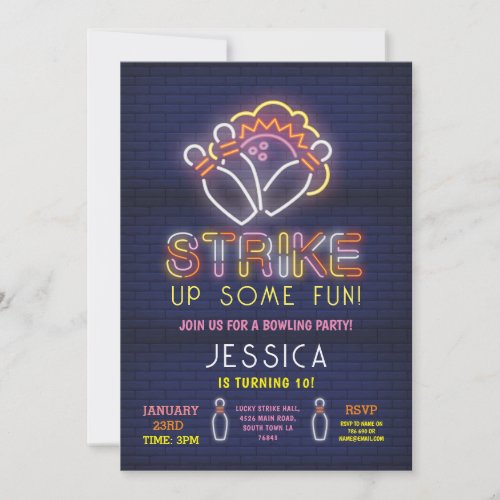 Bowling Invite Birthday Party Neon Pink Strike