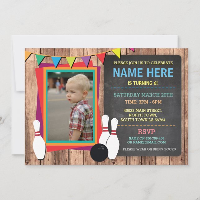 Bowling Invite Photo Bowl Chalkboard Invitation (Front)