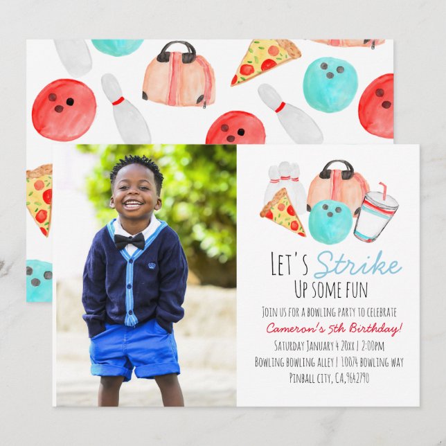 Bowling kid birthday party photo Invitation (Front/Back)