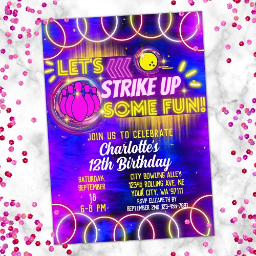 Bowling Lets Strike Up Fun Neon Glow Birthday Invitation