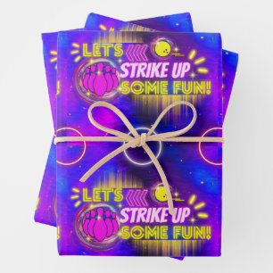 Bowling Let's Strike Up Fun Neon Glow Birthday Wrapping Paper Sheets