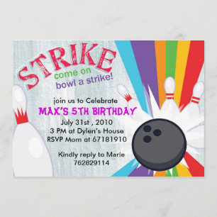 Bowling lucky rainbow strike birthday party invite