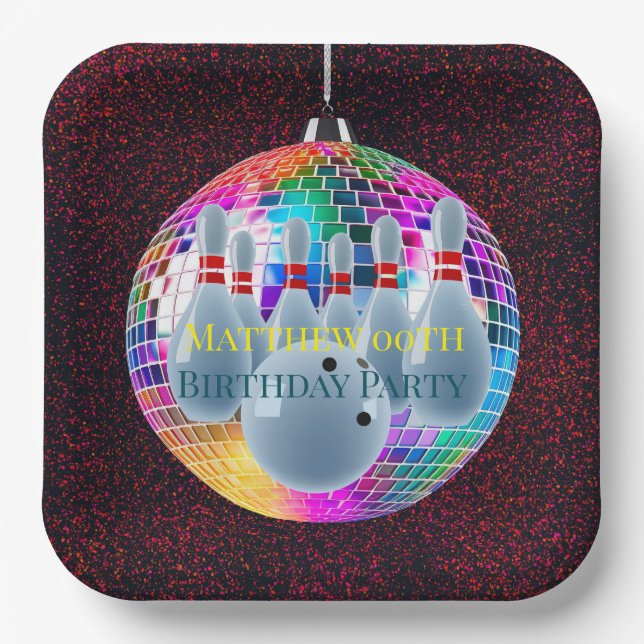 Bowling Neon Disco Ball Glitter Birthday Party Paper Plates (Front)