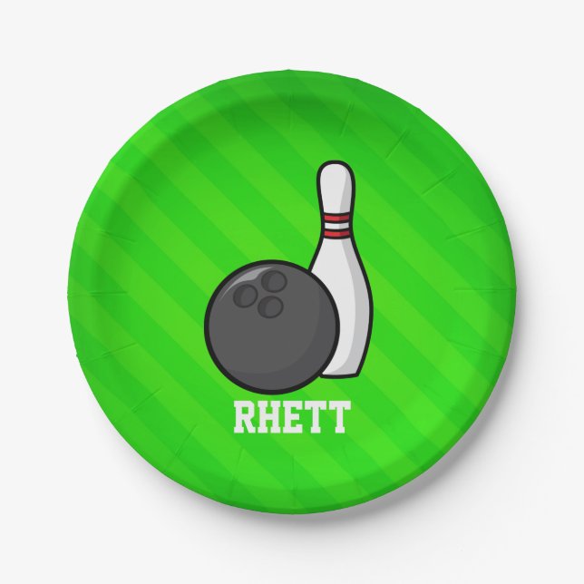 Bowling; Neon Green Stripes Paper Plates (Front)