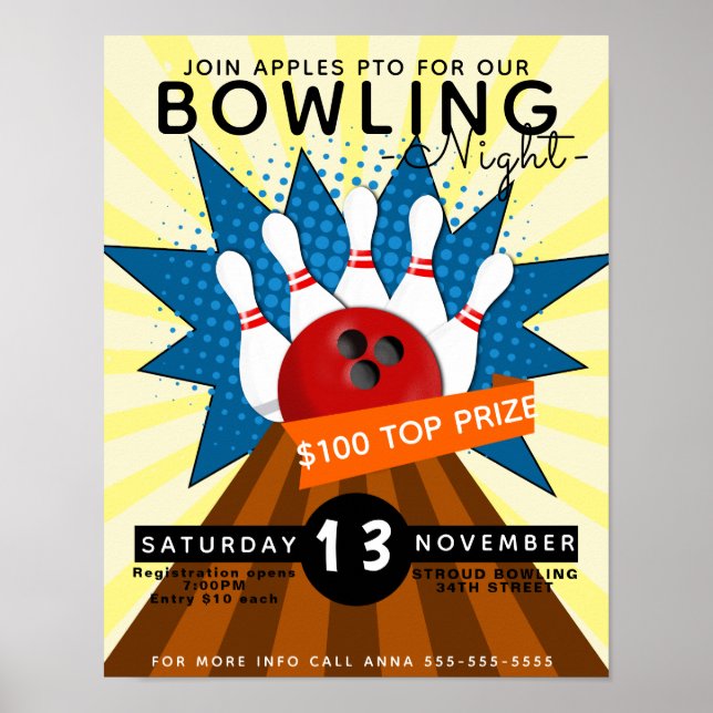 bowling night flyer, bowling tournament poster (Front)