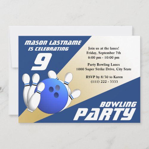 Bowling Party Birthday Blue and Gold Invitation