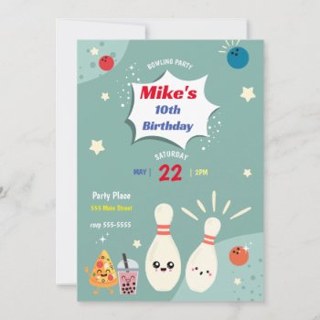 Bowling Party Birthday Invitation by pinkthecatdesign at Zazzle