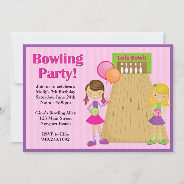 Bowling Party Birthday Invitation for Girl (Front)