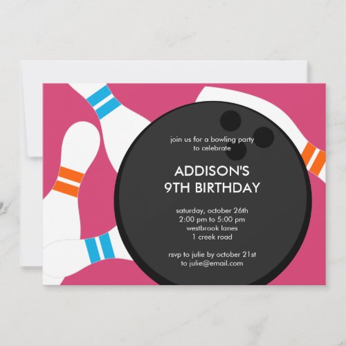 Bowling Party Birthday Party Invitation - Pink