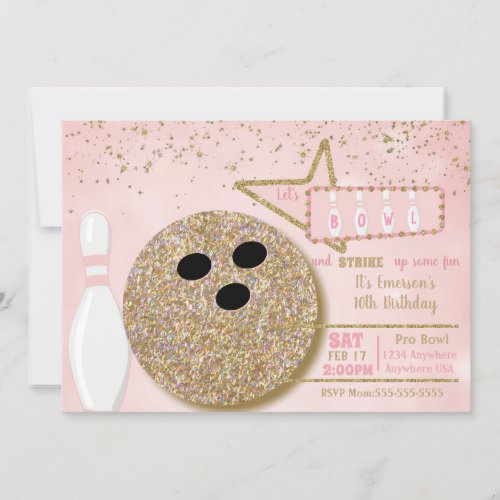 Bowling party Birthday pink glitter look 10th Invitation
