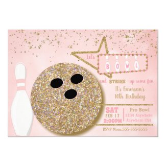 Bowling party, Birthday pink glitter look 10th Invitation
