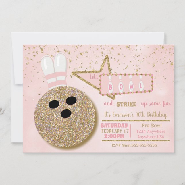 Bowling party, Birthday pink glitter look Invitation (Front)