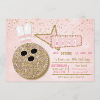 Bowling party, Birthday pink glitter look Invitation