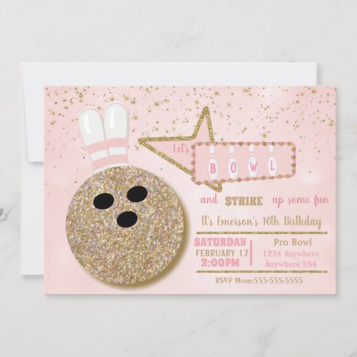 Bowling party Birthday pink glitter look Invitation