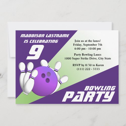 Bowling Party Birthday Purple and Green Invitation