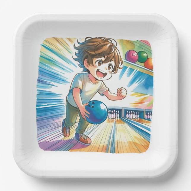 Bowling Party Boy's Anime Birthday   Paper Plates (Front)