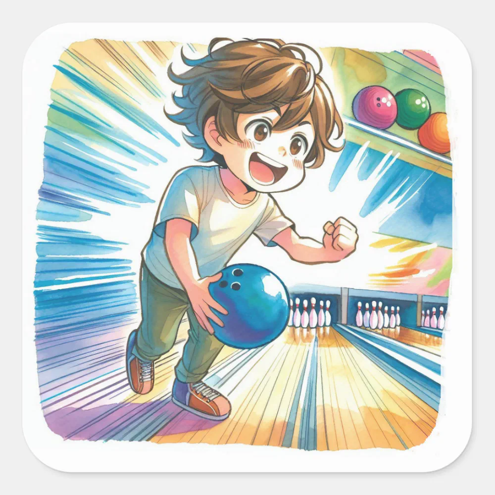 Bowling Party Boy's Anime Birthday Welcome Square Sticker