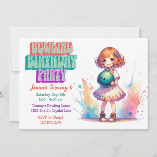 Bowling Party Girls Anime Birthday Invite