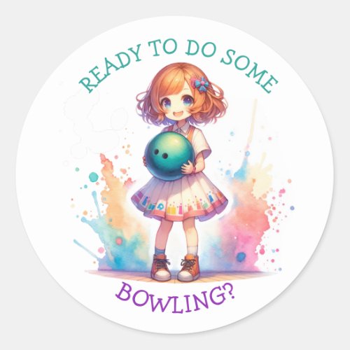 Bowling Party Girls Anime Birthday Invite Classic Round Sticker