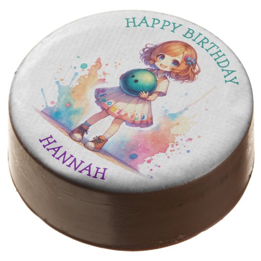 Bowling Party Girl's Anime Birthday Personalized Chocolate Covered Oreo (Angled)