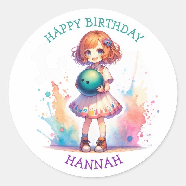 Bowling Party Girl's Anime Birthday Personalized  Classic Round Sticker (Front)