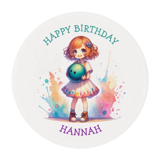Bowling Party Girl's Anime Birthday Personalized Edible Frosting Rounds (Front)