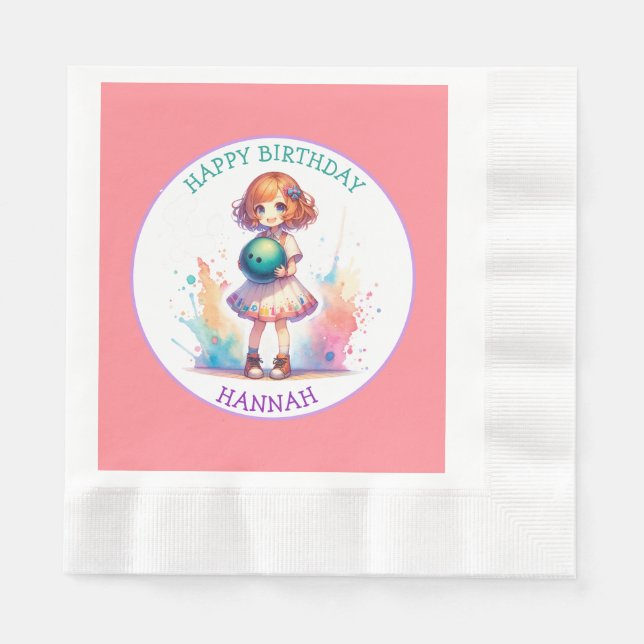 Bowling Party Girl's Anime Birthday Personalized  Napkins (Front)