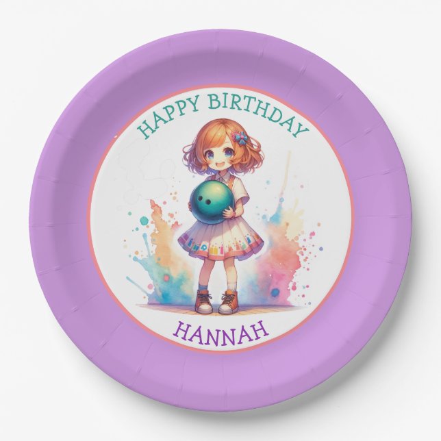Bowling Party Girl's Anime Birthday Personalized  Paper Plates (Front)