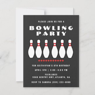 Bowling Party Gray Boys Birthday Party Invitation