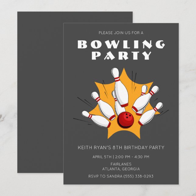 Bowling Party Gray Boys Birthday Party Invitation (Front/Back)