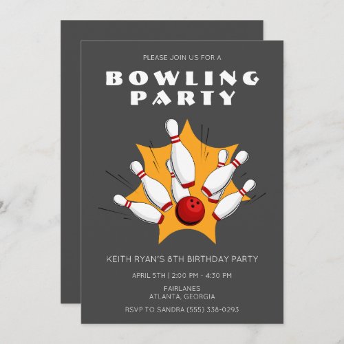 Bowling Party Gray Boys Birthday Party Invitation