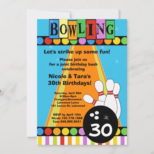 BOWLING PARTY INVITATION - 3 PHOTOS ON BACK (Front)
