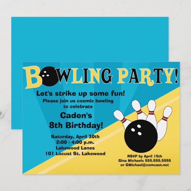 Bowling Party Invitation - Blue and Yellow (Front/Back)