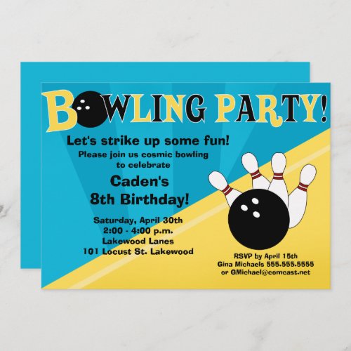 Bowling Party Invitation _ Blue and Yellow