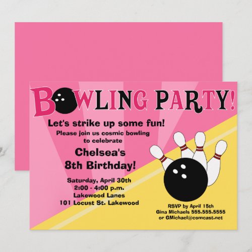 Bowling Party Invitation -Pink and Yellow