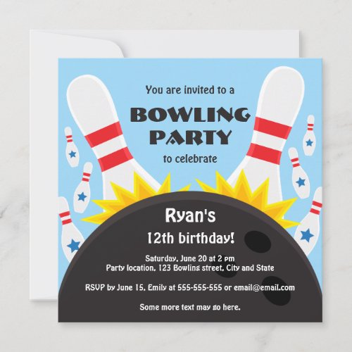 Bowling party invitation with bowling ball, blue