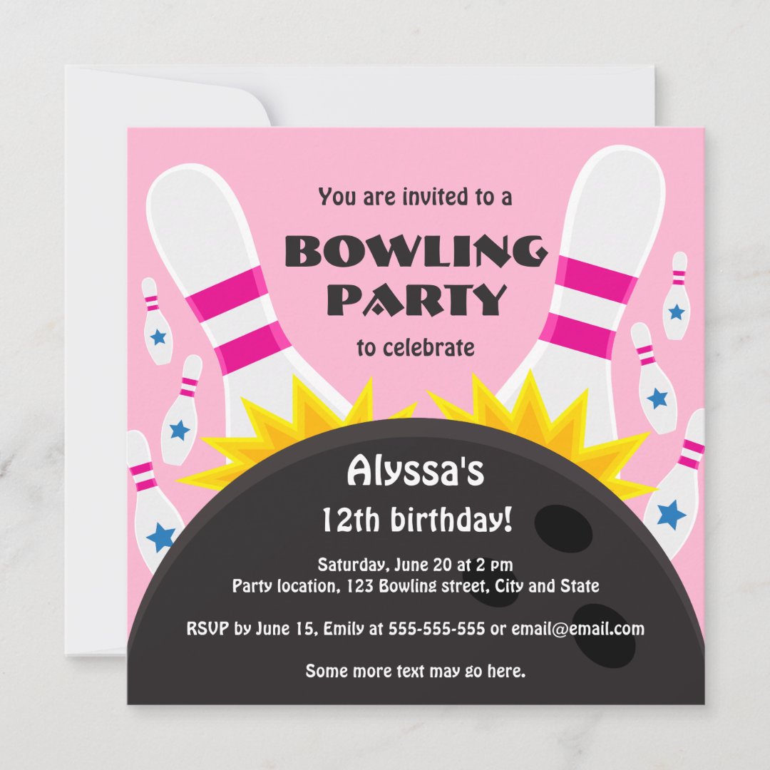 Bowling party invitation with bowling ball, pink | Zazzle