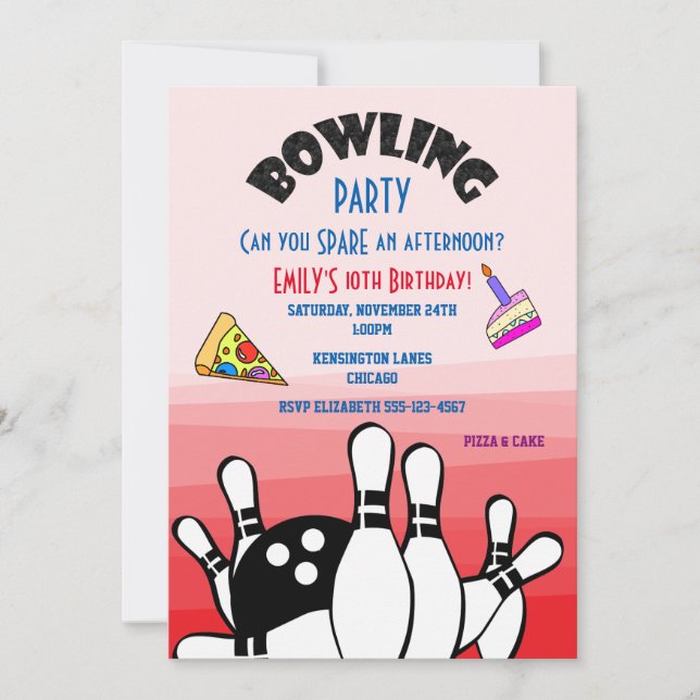 Bowling Party Invite Ball and Pins Pizza and Cake (Front)