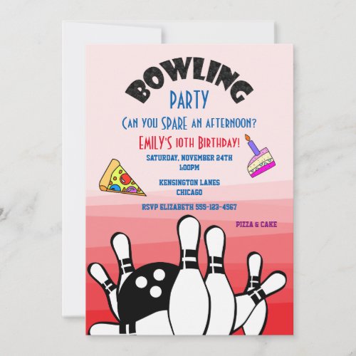 Bowling Party Invite Ball and Pins Pizza and Cake