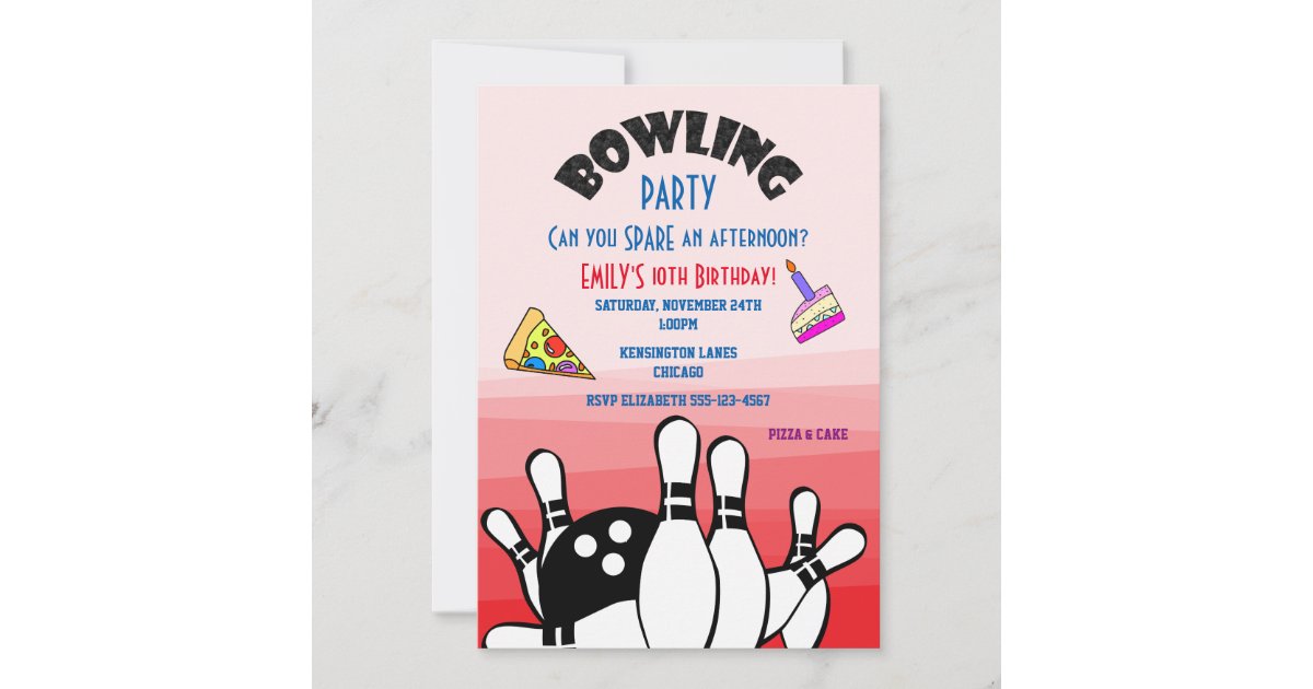 Bowling Pizza & Arcade Birthday Invitation Girl/pink Colors 