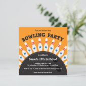 Bowling party invite with bowling ball and pins (Standing Front)
