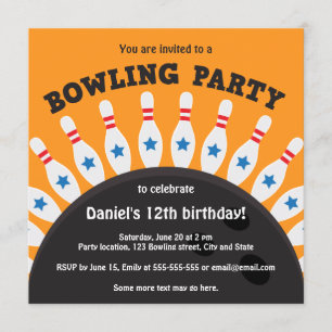 Bowling party invite with bowling ball and pins