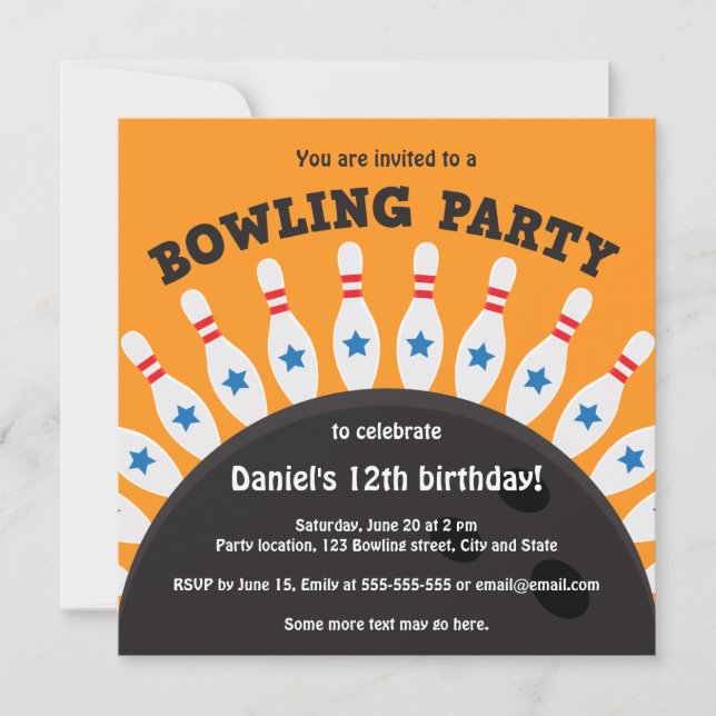 Bowling party invite with bowling ball and pins (Front)
