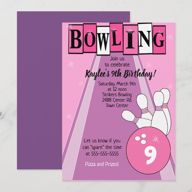 Bowling Party Pink Girls Birthday Invitation (Front/Back)