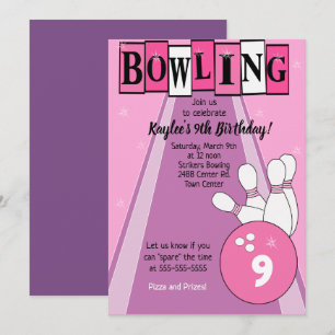 Bowling Party Pink Girls Birthday Invitation