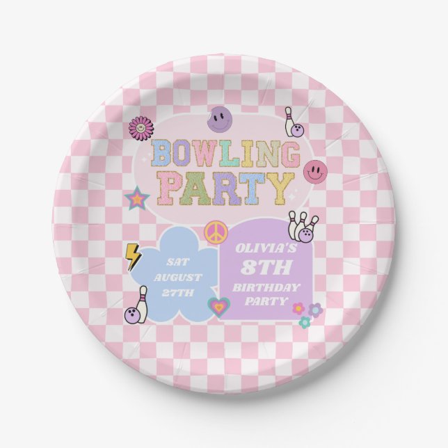 Bowling Party Preppy Varsity Patch Birthday Party Paper Plates (Front)