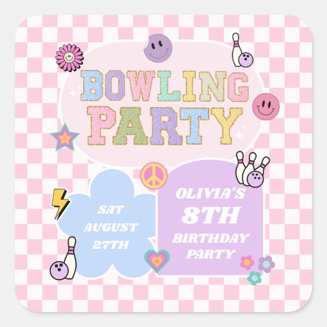 Bowling Party Preppy Varsity Patch Birthday Party Square Sticker (Front)